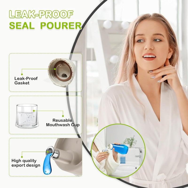 BTIFU Glass Mouthwash Dispenser for Bathroom, 8.8 oz Refillable Mouthwash Container With Lid Cup, Small Clear Mouthwash Bottle for Countertop - Image 3